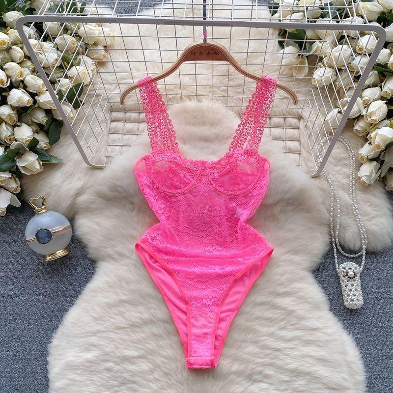 

Fashion Fashion Sexy Lace Lace Spaghetti-Strap V Neck Jumpsuit Silm Slimming Mesh Base All-Matching Jumpsuit Rose Red S