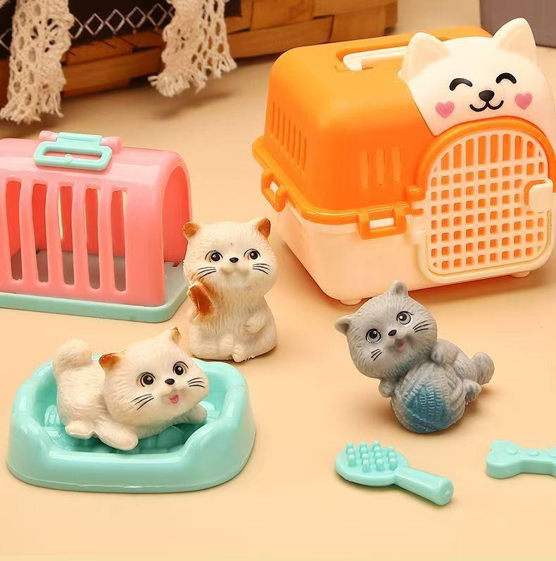 Mini-Tierkatze-Hund-Figur Spielset, Rollenspiel-Tierpflege-Spielzeugset mit Käfig-Futterzubehör für Kinder