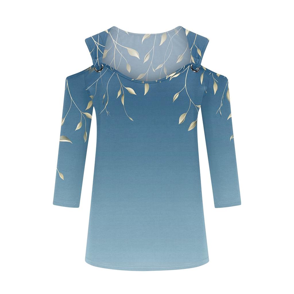 Women's Casual Shirt Blouse Print V-neck Sexy Cold Shoulder 3/4 Sleeve Top