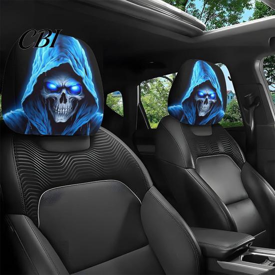 Universal Fit Auto Accessories 2PCS Car Headrest Cover with Scary Face Printing, Breathable Stretch Knitted Knit Fabric Dust Cover, Halloween