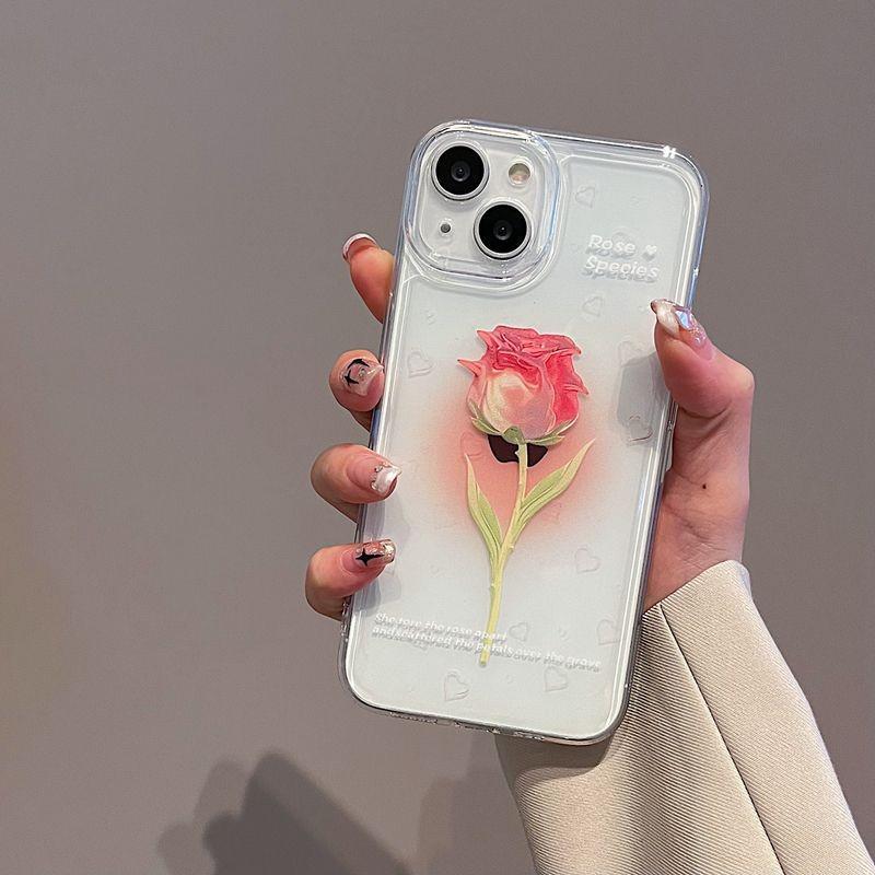 "INS Pink Rose Transparent Protective Phone Case for iPhone 11, 12, 13, 14, 15"