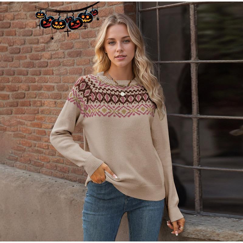 Höst Vinter Vintage Dam Stickad Tröja Patchwork Slim Dam Pullover