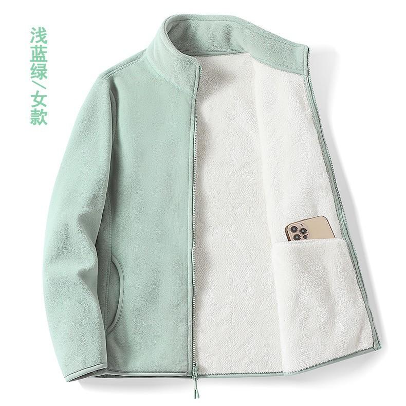 Unisex Polar Fleece Jacket Double Layer Thick Coral Fleece Lined Stand Collar Zip Up Coat Warm Windbreaker Inner Liner Outerwear For Autumn Winter