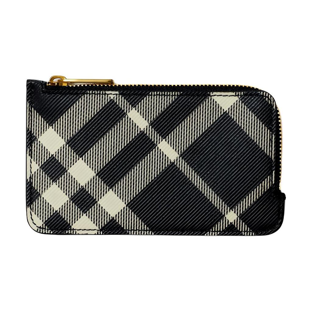 Burberry Check Zip Card Holder, Black & Beige Plaid Leather Coin Purse with Gold Hardware,Card Case for Daily Carry, Business & Travel 80951191