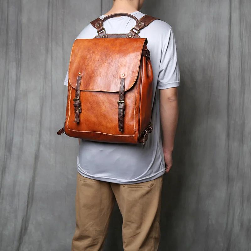 NZPJ Retro Genuine Leather Men Backpack Vegetable Tanned Top Layer Cowhide Backpack Fashionable computer bag for 15 inch laptop