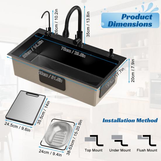 Black Kitchen Sink, Embedded/Top Mounted Stainless Steel Workbench Sink with Cutting Board & Drainage Basket, Single Bowl Sink with Accessories (31.5