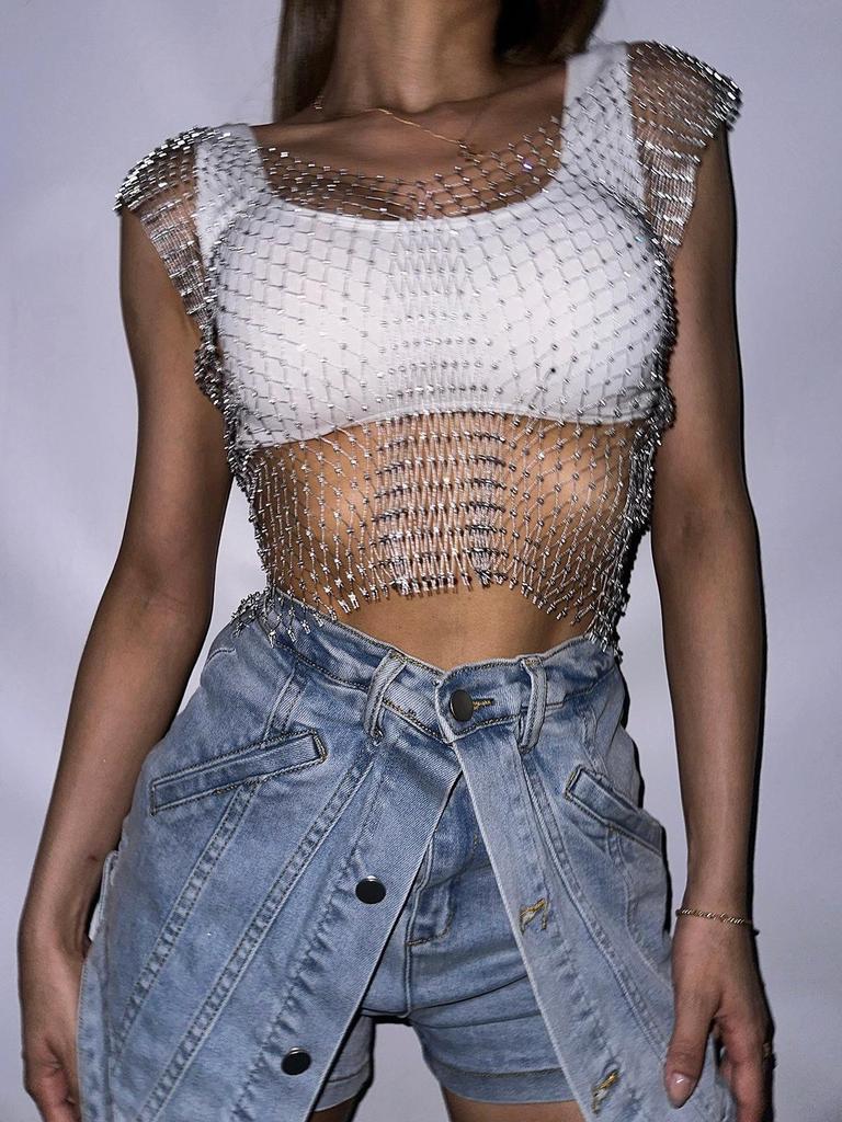 Europäisches & Amerikanisches Strass Ärmelloses Netzoberteil für Damen