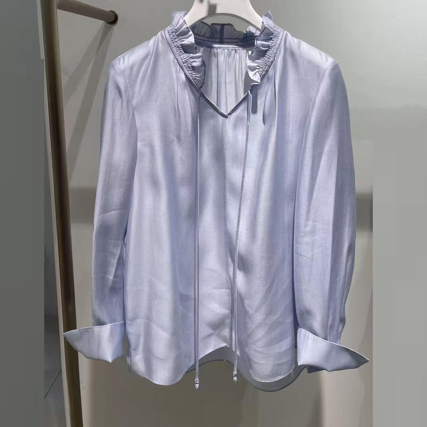 In Stock: 2026 Spring Fashion Sky Blue Lace-up Ruffle V-neck Women s Shirt 1H3120101G M небесно-голубой