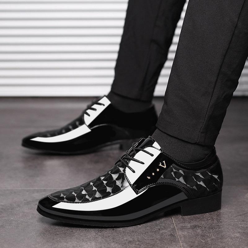 New Genuine Cowhide Spliced Men's Dress Shoes, Soft Sole & Soft Upper, Glossy Lace-up Formal Shoes