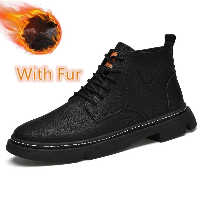 Herrenstiefel aus echtem Leder, hohe Qualität, warmes Plüschfell, Winterschuhe, Herren-Freizeitschuhe, Stiefeletten, rutschfeste Motorradstiefel