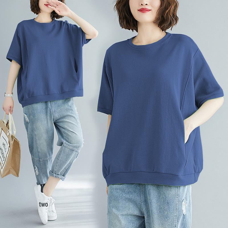 2025 Summer Plus Size Slimming T-Shirt for Girls: Loose Fit, Age-Reducing, Solid Color, Versatile Short Sleeve Top