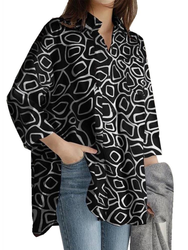 2026 Spring Fashion Long Sleeve Printed Lapel Tops for European American Office Ladies