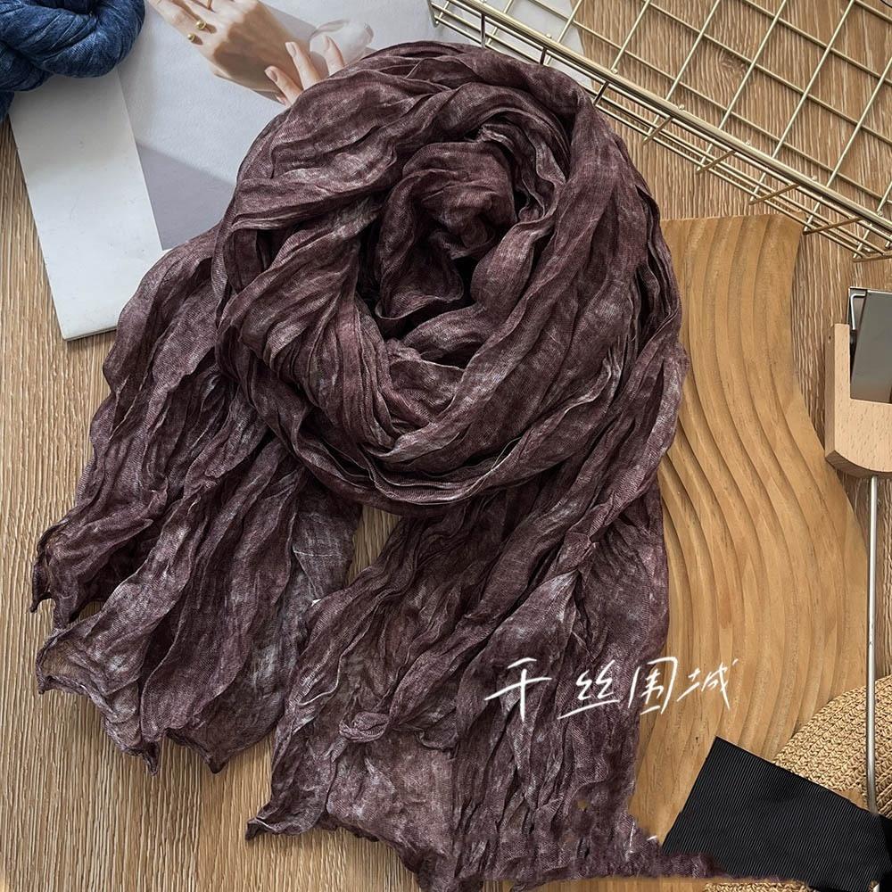Vreovor Tie Dye Scarf Retro Autumn And Winter New Style Pleated Coffee Thin Long Strip Shawl Men And Women Warm Silk