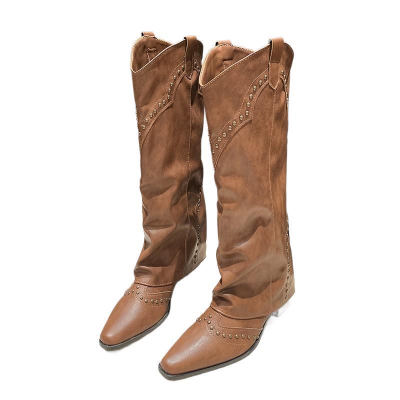 Damen Retro Cowboy Stiefel mit spitzer Zehenpartie - Herbst/Winter 2025 Klobiger Absatz, Kniehoher Reiterstil