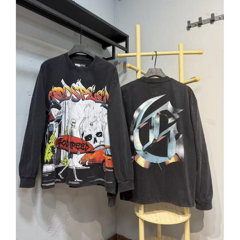 Unisex Vintage Skull Print Washed Cotton Long Sleeve Hoodie Streetwear Loose Fit