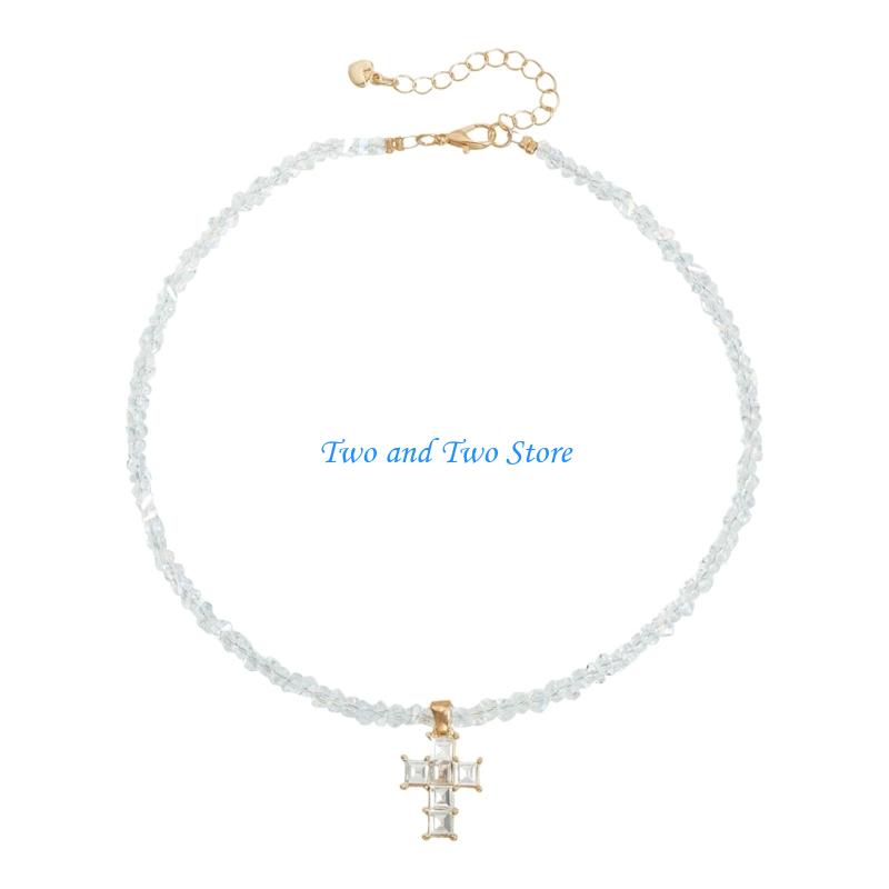 HX6F Stylish Crucifix Charm Necklace Sparkling Crystal Accent Lightweight Daily Wear