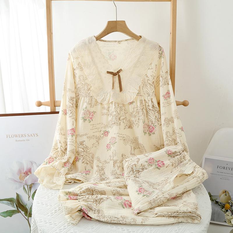 

GMXIA Нежный женский цветочный комплект из чистого хлопка, свободный, двухслойная марля, домашняя одежда, пижамный набор для осени, с длинными рукавами, для ношения на улице, пижамные наборы XL