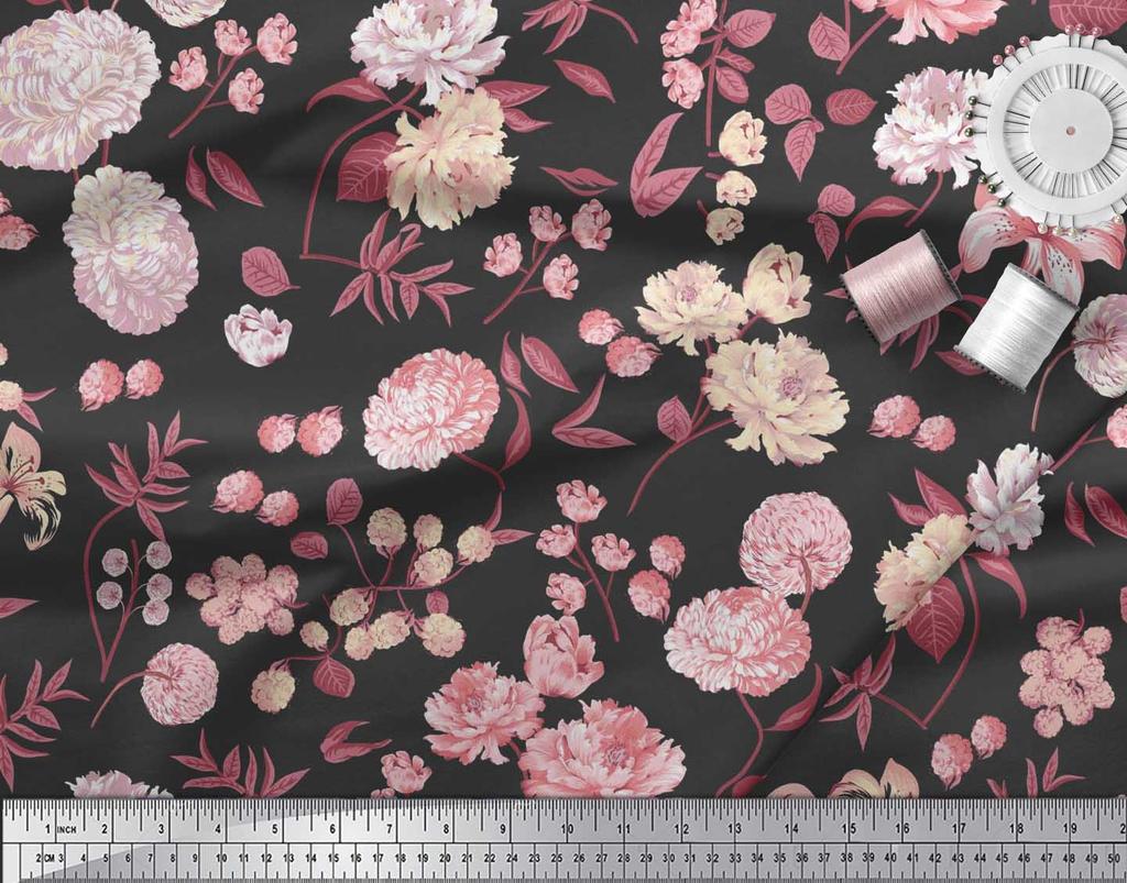 Soimoi Japan Crepe Satin Fabric Leaves,Peony & Dahlia Flower Printed Fabric 1 Metre 42 Inch