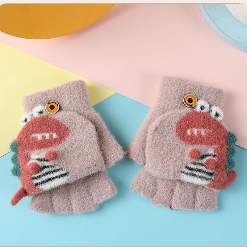 Kawaii Cartoon Dino Kids Gloves Half Finger Flip Gloves for Boys Girls Children Winter Warmth Writing Gloves 3-6T