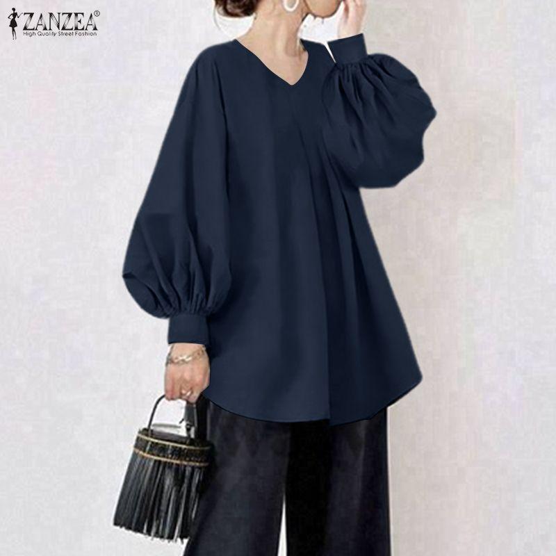 ZANZEA Lässige Bluse mit V-Ausschnitt und langen Ärmeln für Damen in Volltonfarbe