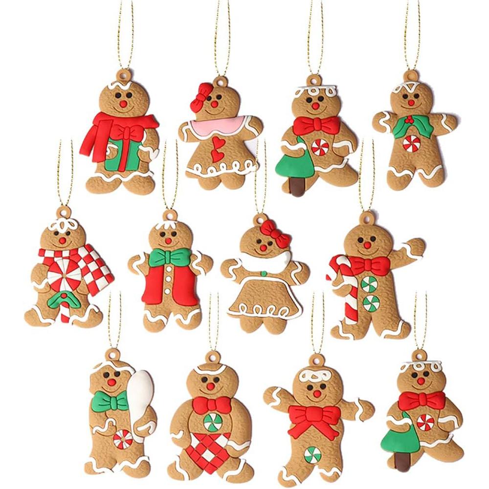 12pcs/ Set Gingerbread Man Ornaments,Gingerman Doll Hanging Clay Figurine Ornaments for Christmas Tree Decoration, Holiday Decor