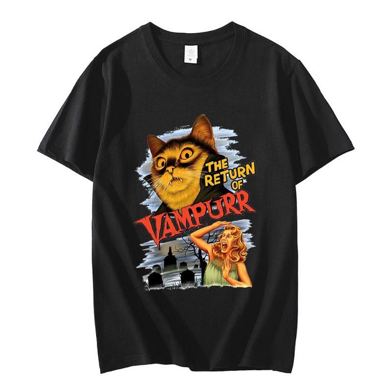 Funny Cat The Return of Vampurr Graphic T-shirt Men's Cotton Short-sleeved Horror Halloween T-shirt Casual Wear Loose T-shirt