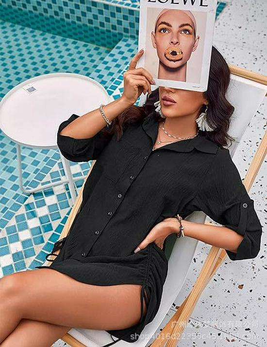 2025 New Style Women's Drawstring Bikini Cover-up Beach Dress Shirt