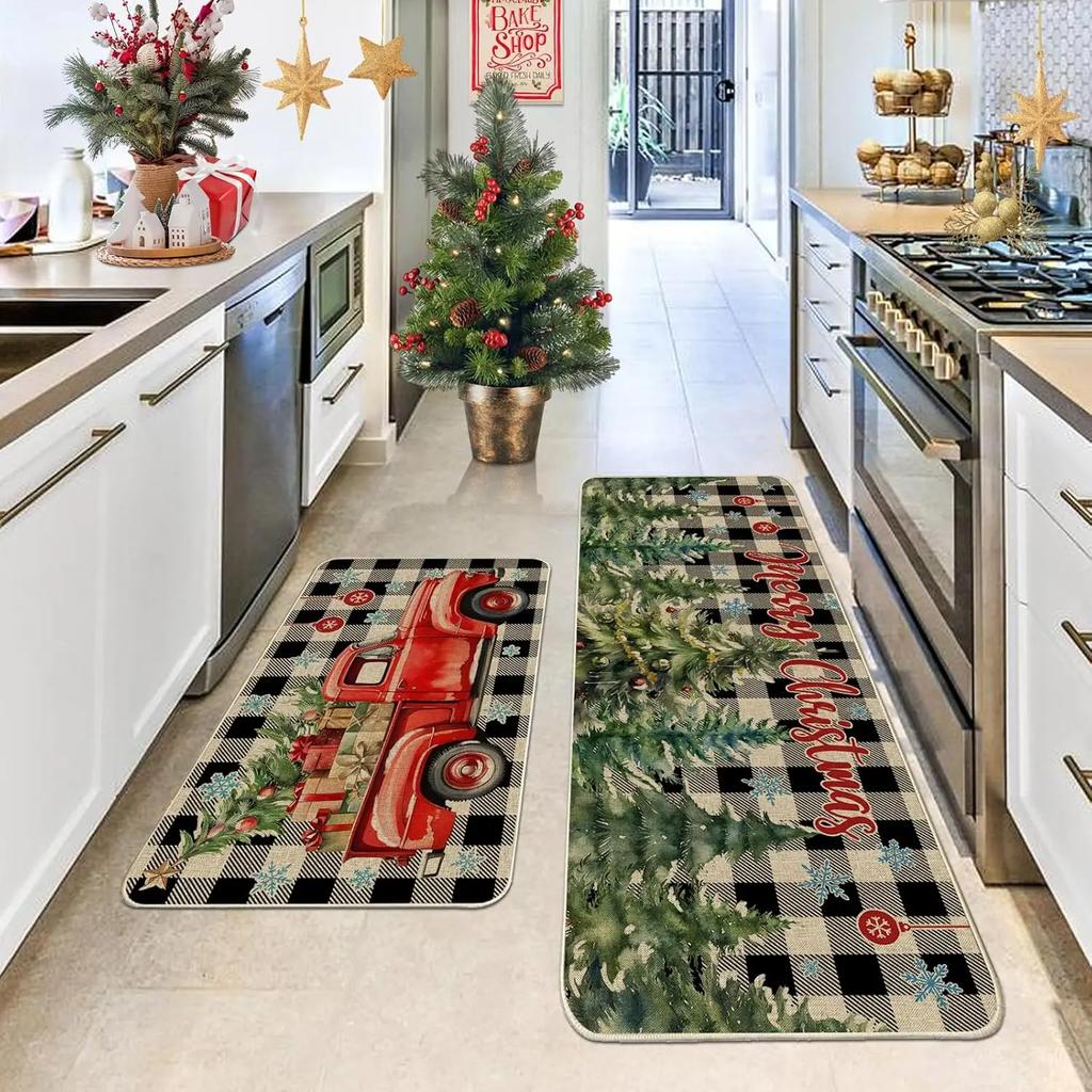2pcs  Winter Christmas Red Truck Rug Home Decoration, Kitchen And Laundry Room Floor Mat Set, Durable And Water-Absorbent
