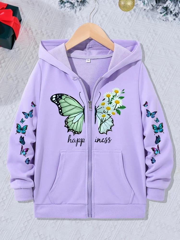 Girls Zip Up Hooded Jacket Green Butterfly Daisy Happiness Letter Print Long Sleeve Casual Kids Hoodie For Daily Outdoor Outfit