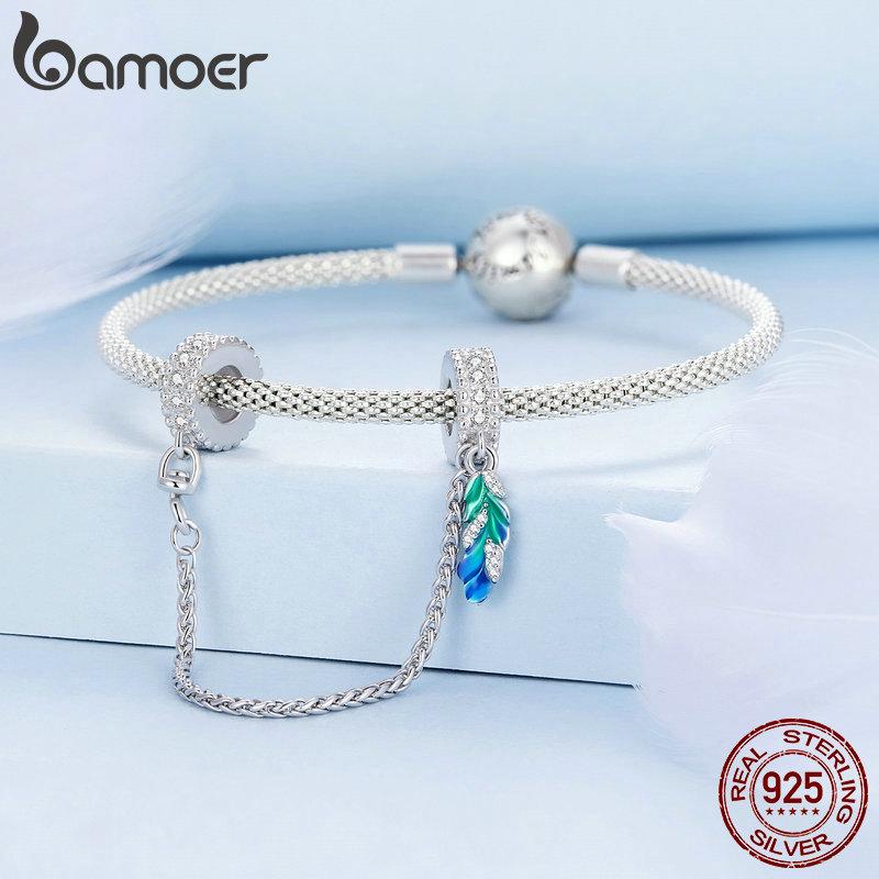 BAMOER 925 Sterling Silver Blue Emalia Feather Łańcuch Bezpieczeństwa nadające się do Charms Bransoletka i Bransoletka Klip Charms DIY Biżuterii