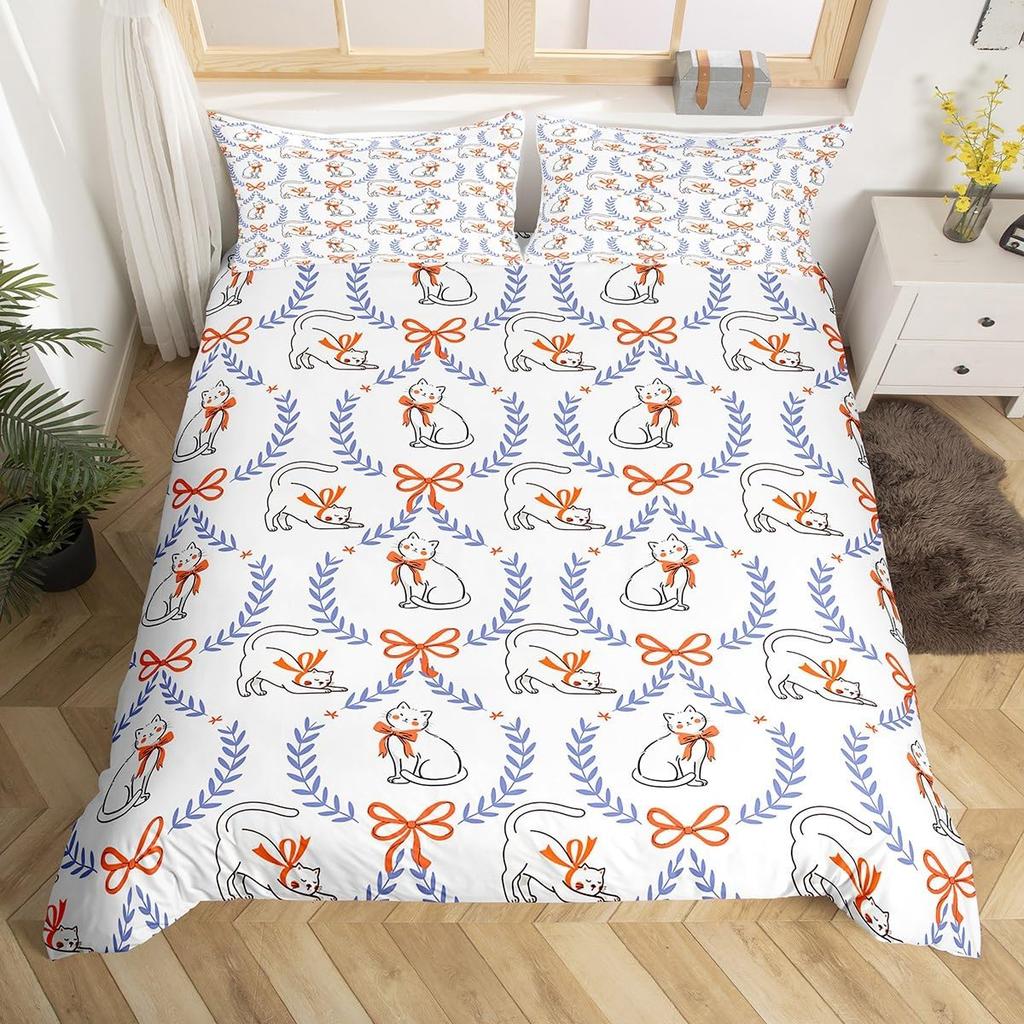 Comforter Geometric Plaid Cute Bow Queen King Size For Adults And Teens Cartoon Animal Footprint Bow Bedding Set 3 Piece Set