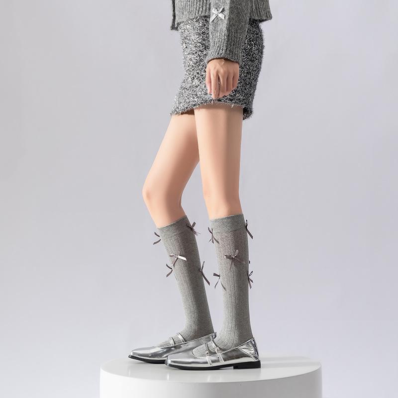 

Гольфы до икры для девочек в стиле бочонка с бантом, милые хлопковые носки в стиле лолита для юных девушек 1 pair светло-серый