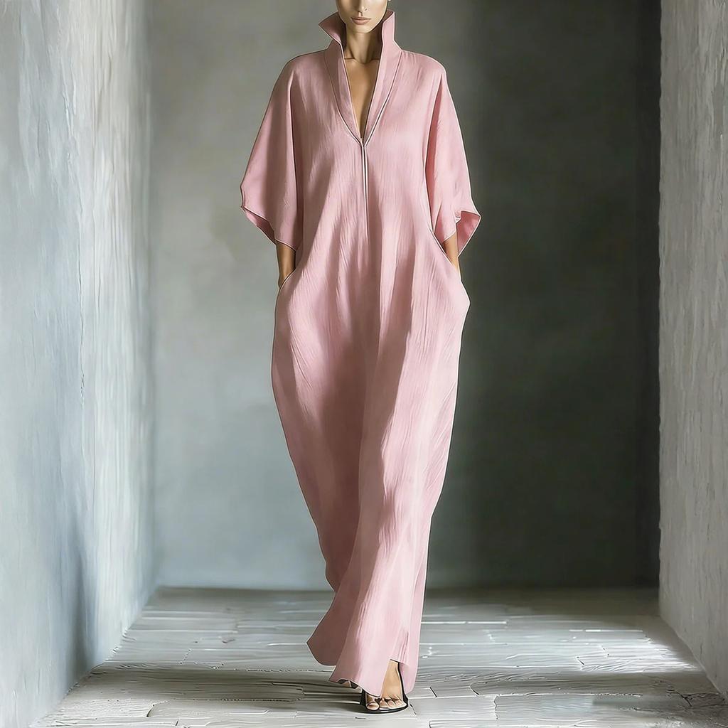 Fashionable Women's Mid Sleeved V-neck Long Skirt With Loose Fitting Pullover Dress