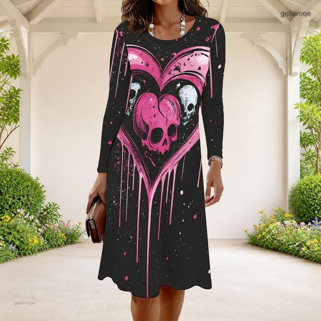 Women Plus Size Round Neck Long Sleeve Blue Beige Paisley Printed A Line Dress