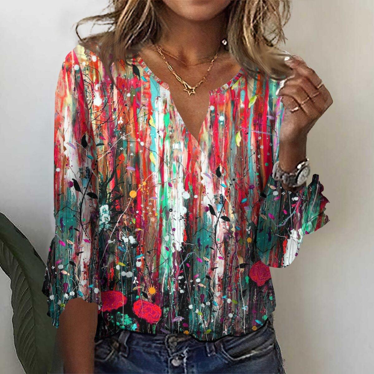 

Осень 2023, новая мода, женский повседневный топ с v-образным вырезом и рукавом 3/4 с принтом, большие размеры