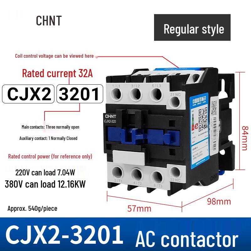 Zhengtai NXC AC Contactor 09-32A, Three-Phase 380V/Normally Open, Single-Phase 220V/Normally Closed, CJX2