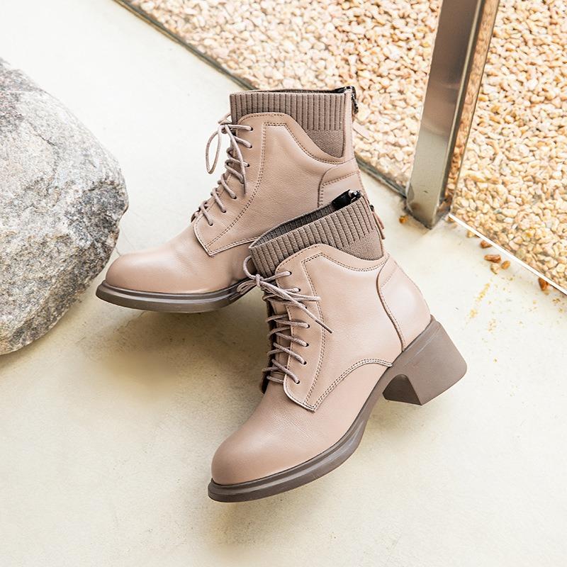 Winter New Knitted Tube Thick Middle Heel Martin Boots Women's Round Head Rear Zipper Versatile Velvet Leather Lace-up Short Boots Women