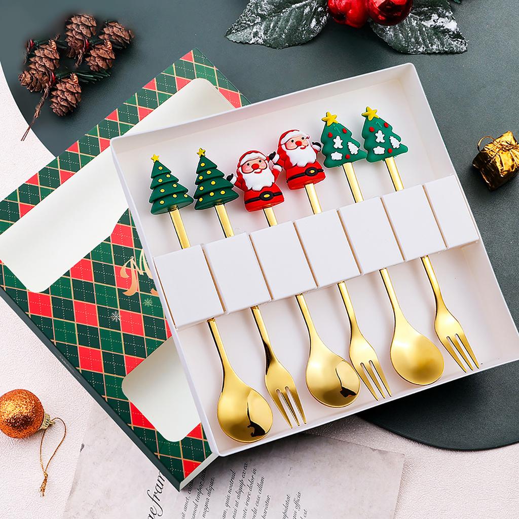 6pcs Christmas Party Dinnerware Set with Gift Box Elk Christmas Hat Tree Fork Spoon Cutlery Set Gold Stainless Steel Tableware