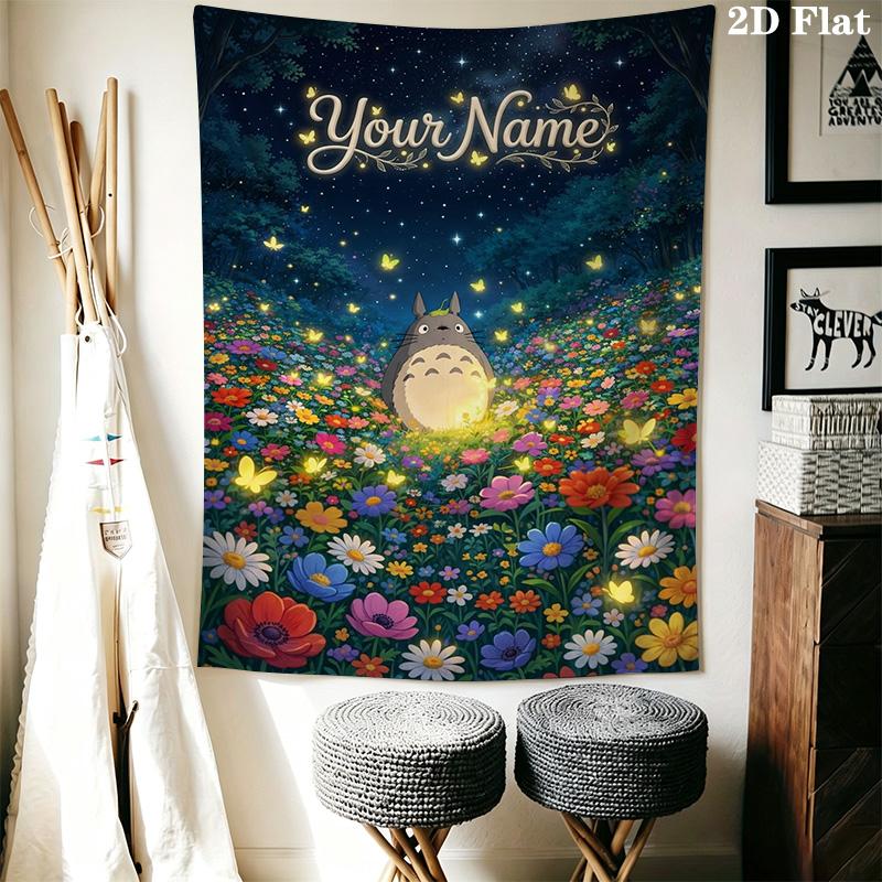 Name Custom Anime-Totoros Wall Tapestry Aesthetic Wall Hanging Printed Fabric Blanket Decorative Tapestries for Bedroom Living Room Home Decor