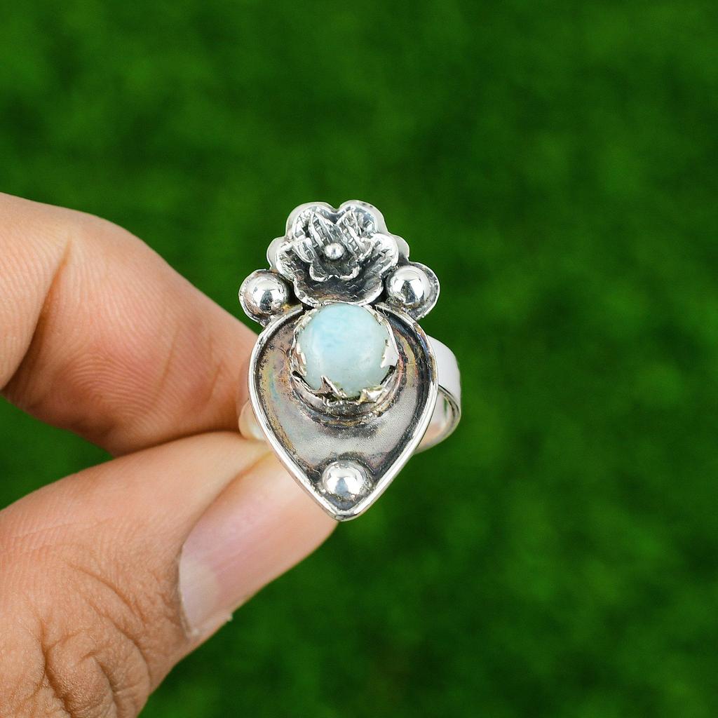 Natural Larimar Gemstone Stackable Flower Adjustable Ring 925 Silver For Girls