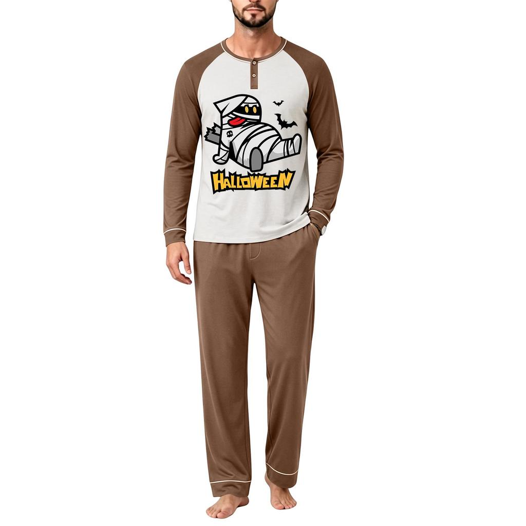 Men's Casual Loose Fit Raglan Sleeve Pajama Set with Halloween Letter Print