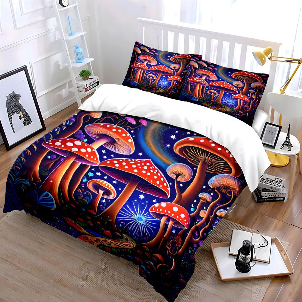 Enchanted mushroom forest under starry sky Print Bedding Set 1 Duvet Cover 2 Pillowcases for Adult and Children Luxury Gift