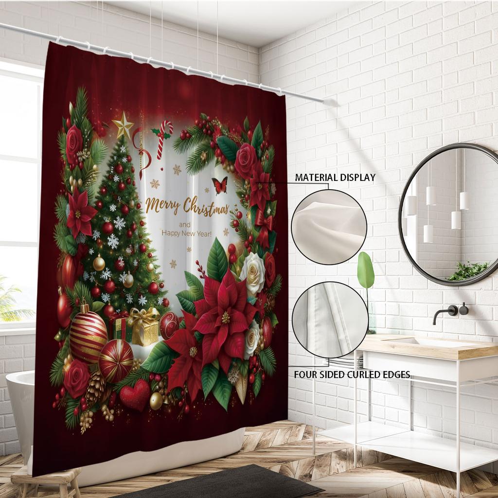 1Pc Christmas Red Floral Print Waterproof Shower Hanging Curtain With 12 Hooks, Multi Size Holiday Decoration, Machine Washable