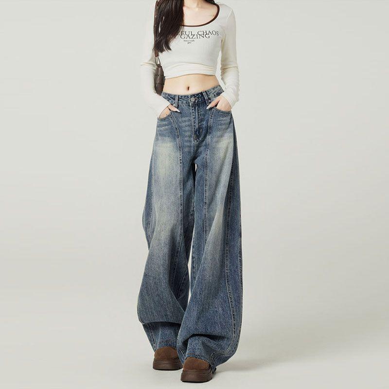 

Retro Blue Wide-Leg High-Waist Jeans for Women - Plus Size, Loose Fit, Crescent Drape, Pear Shape, 2025 Collection. XS