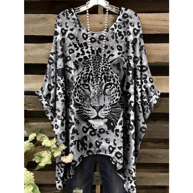 Summer Women s Plus Casual and Comfortable Leopard Gray Shadow Pattern Printed 1XL