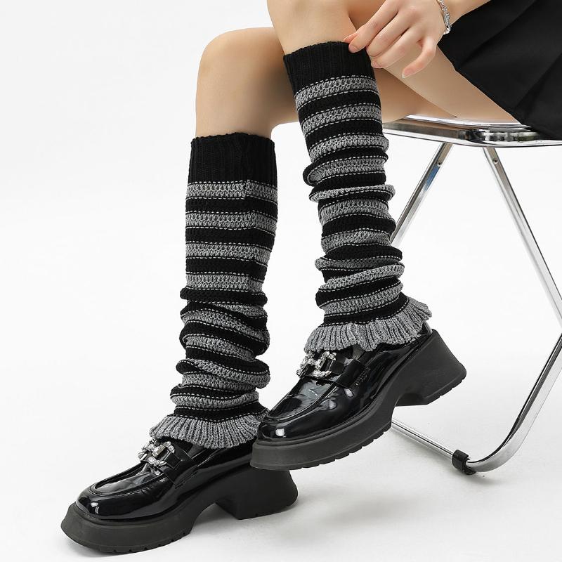 Hot Girl Style Y2K Spring Autumn Women's Striped Slouch Socks Leg Warmers for Leather Shoes Knitted Chunky Thread Calf Socks