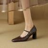 Retro high-heeled women's shoes autumn new sheepskin one-word buckle with thick heel black leather Mary Jane shoes