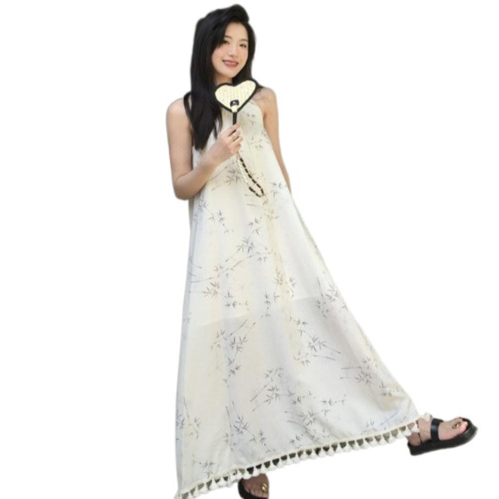 A-line Sleeveless Long Dress Loose Beach Vacation Sundress Floral Skinny Strap Dress  for Girls