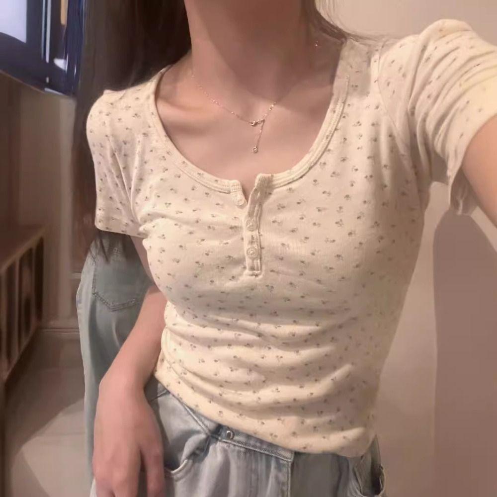 

U Neck Flower Printted Crop Shirt Top Button Trim Floral T Shirts Sweet Summer