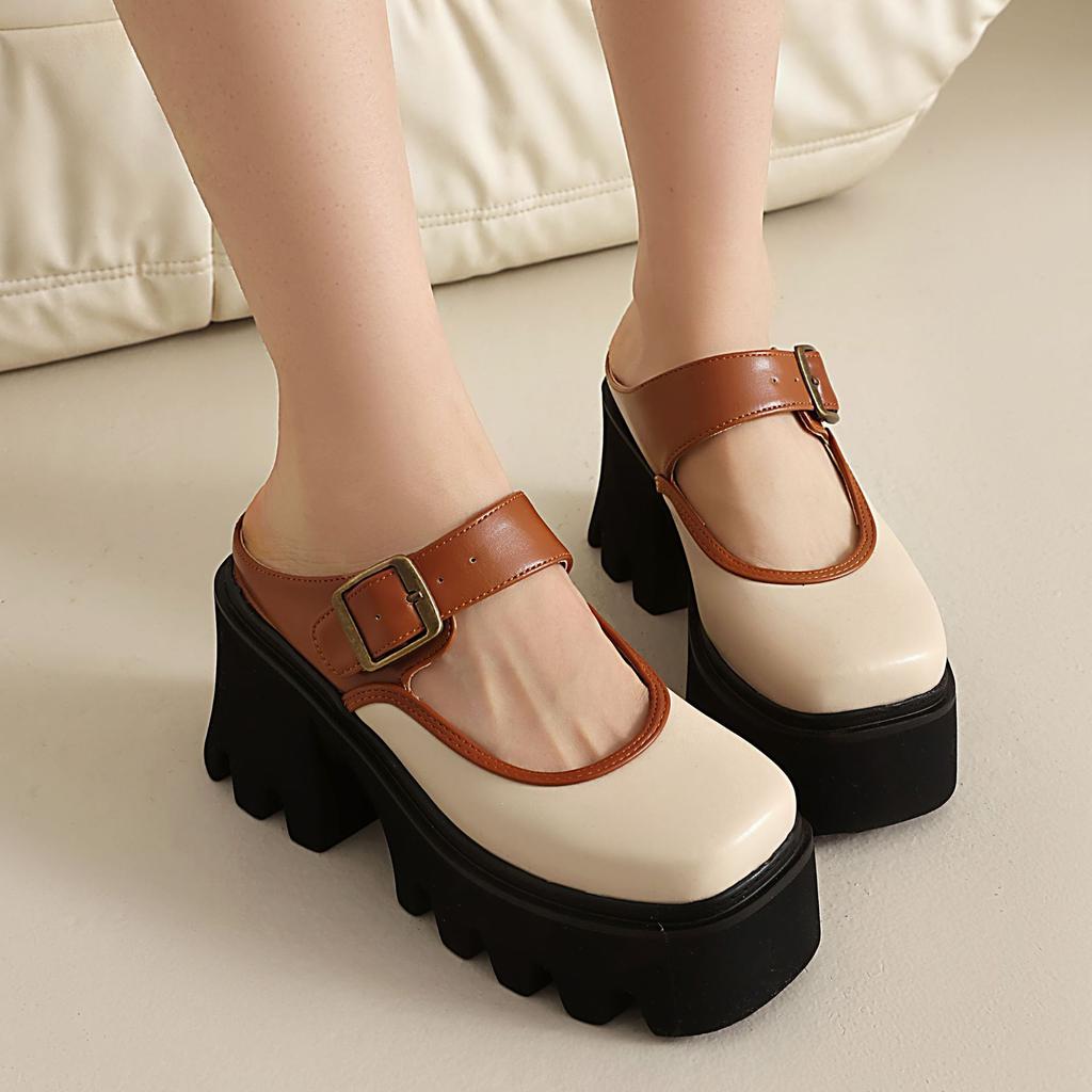 thick-soled Mary Jane shoes for  spring and autumn new retro French one-word with thick heels and light mouth jk small leather shoes for women